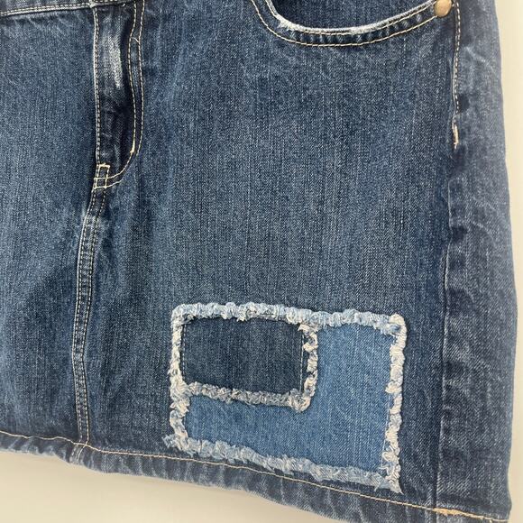 Vintage Y2K Joe Boxer Patchwork Denim Mini Skirt Sz 7 Retro Frayed Jean Festival - Picture 3 of 7